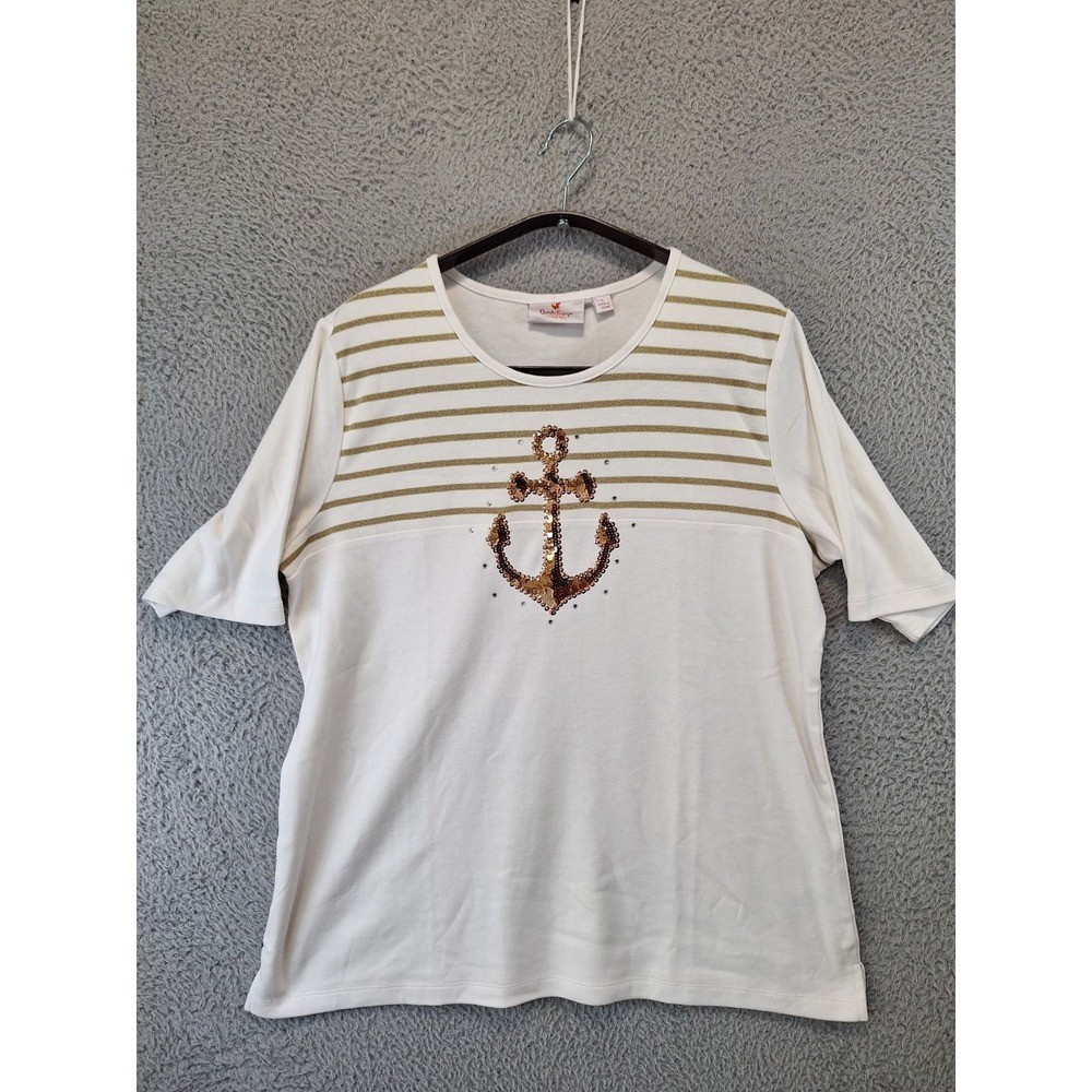 Quacker Factory T-Shirt Womens Large White Gold Sequin Anchor Print Short Sleeve
